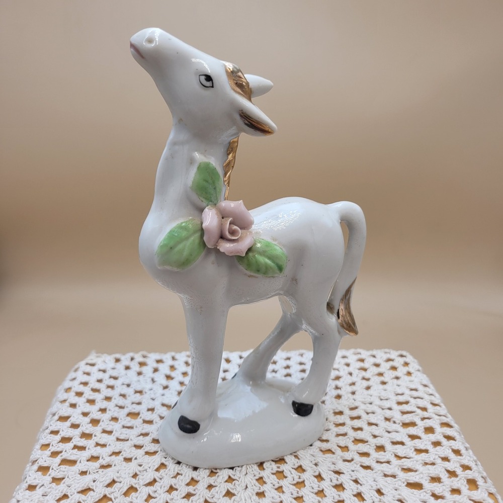 Vintage Japan Ceramic Deer Figurine Pink Rose Gold Gilt White Porcelain 5.5"